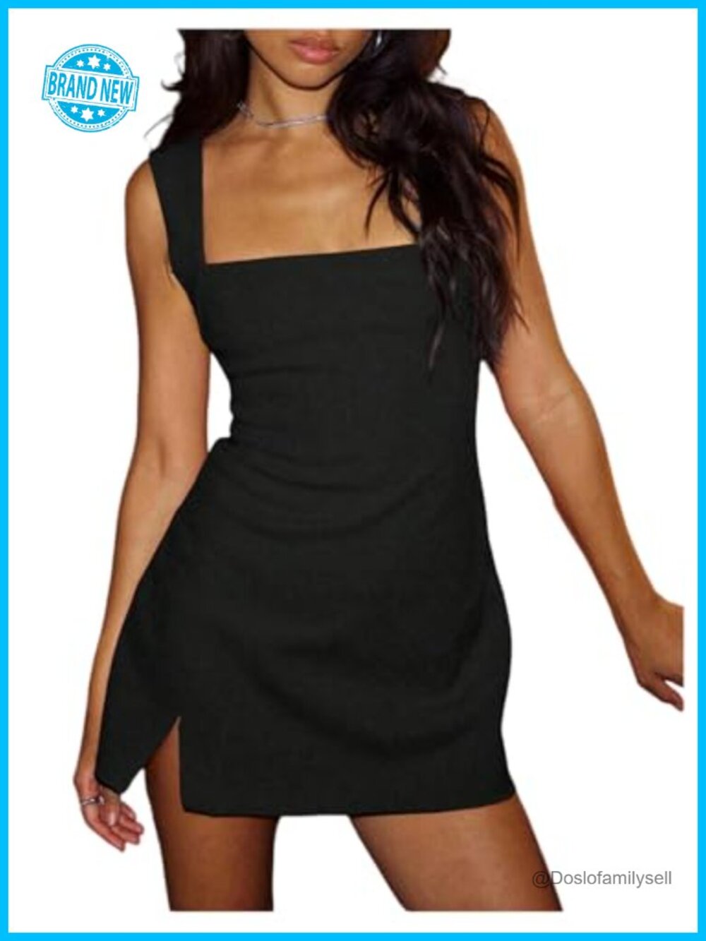 Women's Sleeveless Square Neck Split Hem Mini Dress Slim Fit